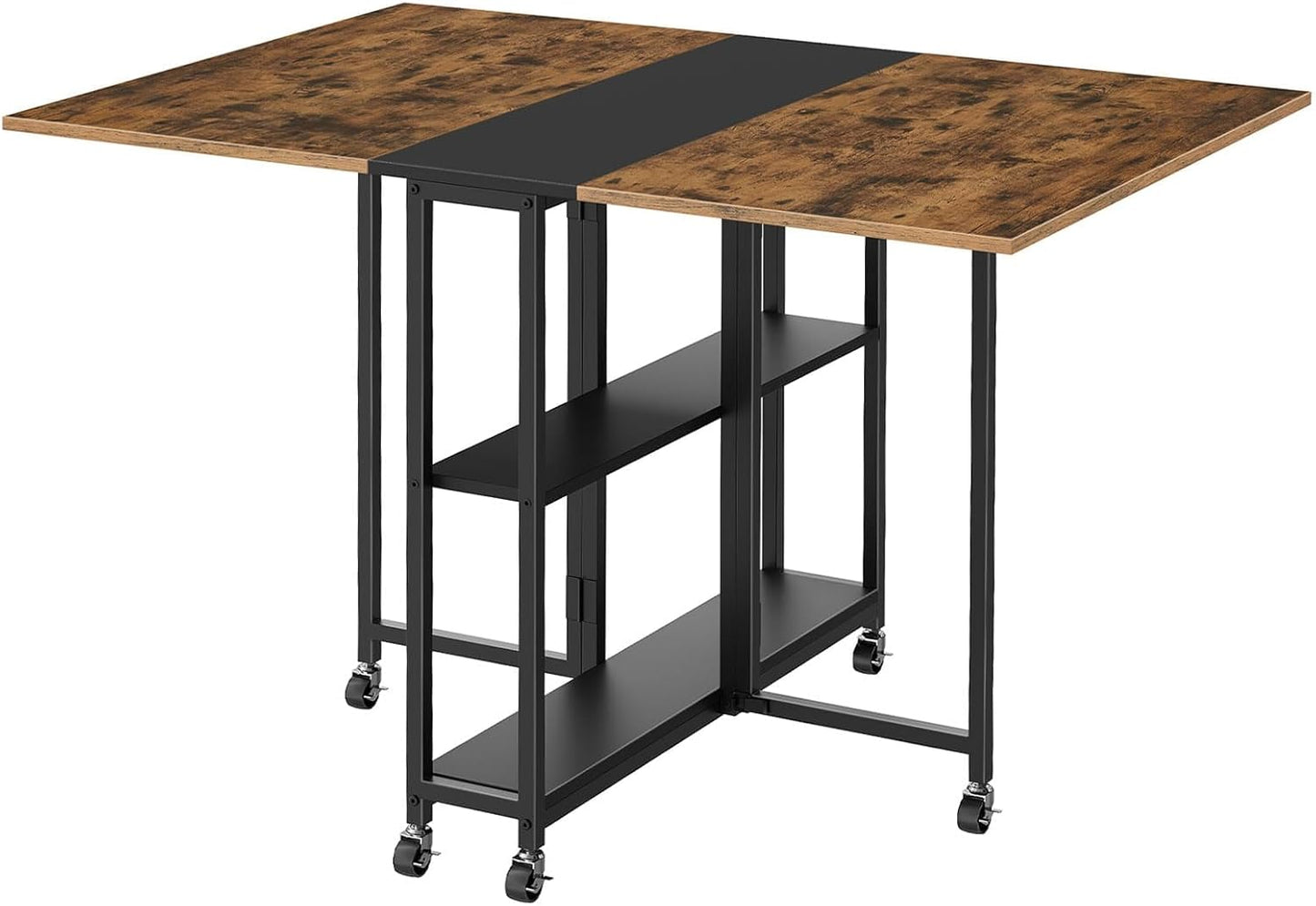 Folding Dining Table, Movable Dining Table, Expandable Kitchen Table, Versatile Table with 6 Wheels and 2-Tier Shelf, for Dining, Living Room, Apartment, Rustic Brown TCZ01BF
