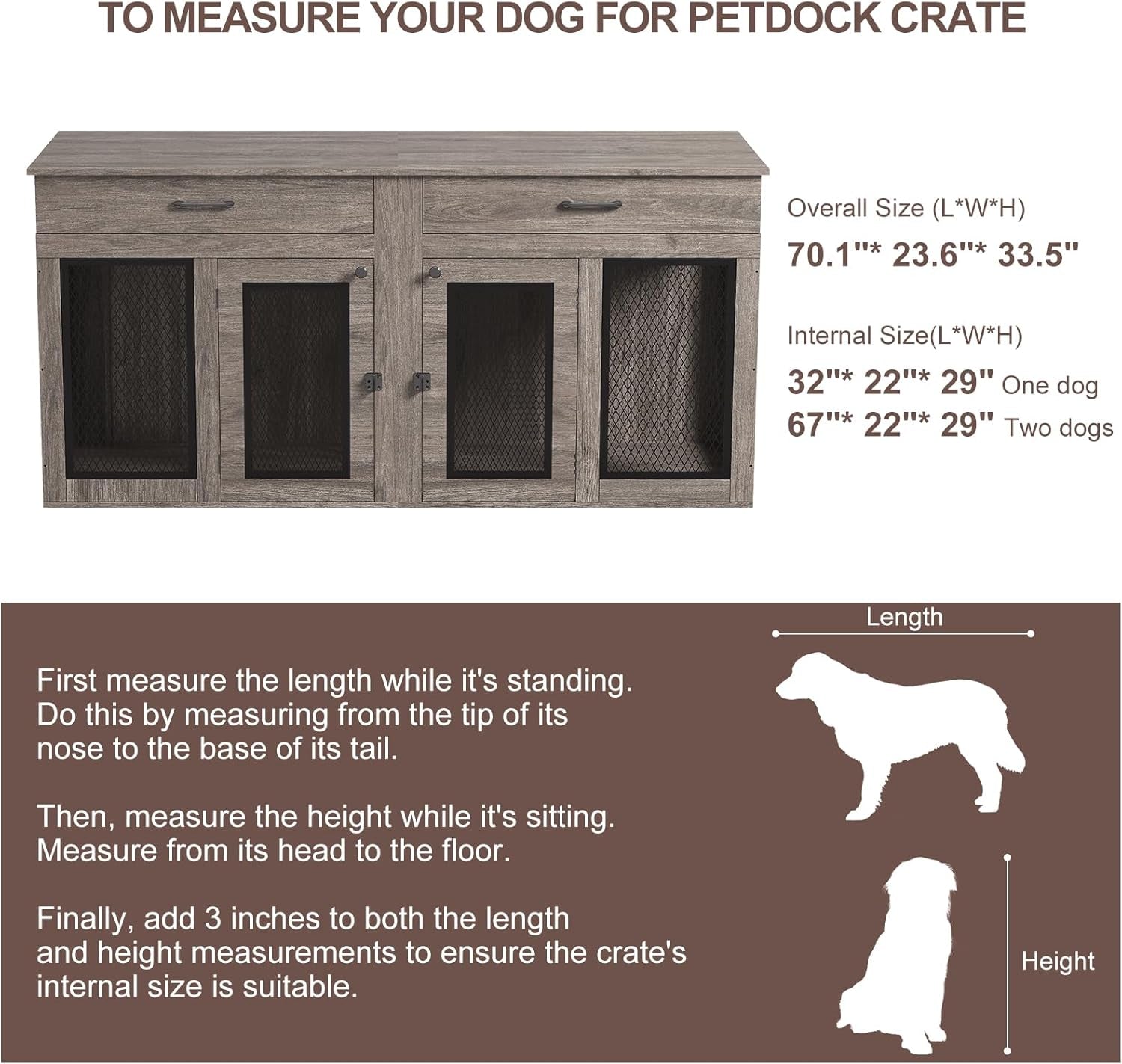 70.9 Inch Double Dog Crate Furniture with Drawers, Wooden Large Dog Kennel TV Stand with Divider and Double Doors, 70.9"* 23.6"* 33.5"H, (Wash Grey)