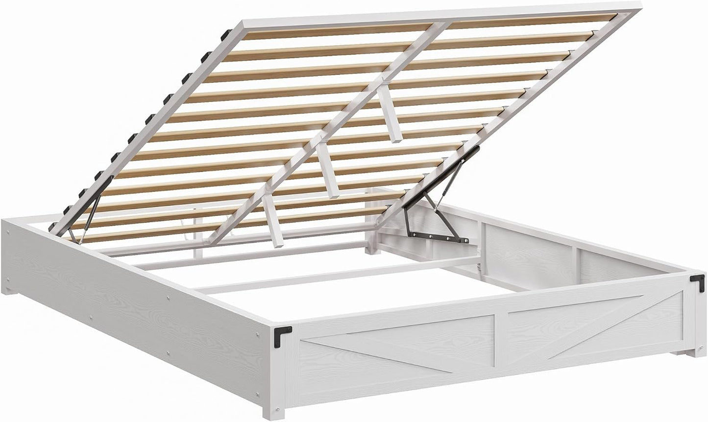 Platform Queen Size Bed Frame, Farmhouse Bed Frames with Lift up Storage, Wooden Slats, Sturdy and No Noise, Easy Assembly, White