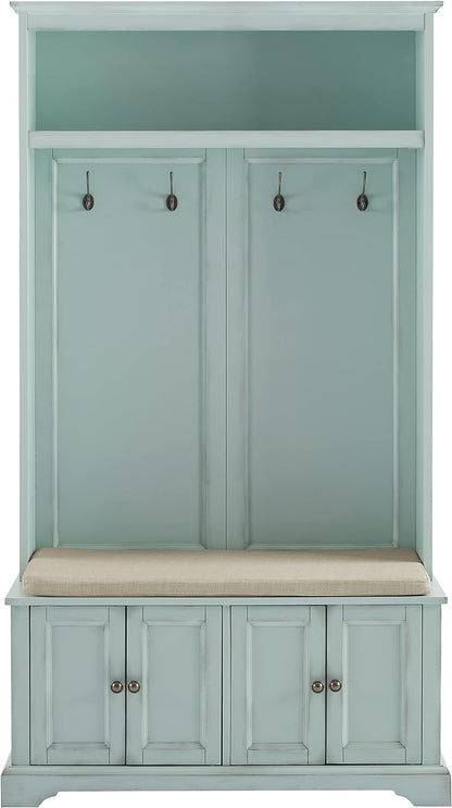 Holbrook Hall Tree with Shoe Rack Bench and Coat Hooks for Hanging Storage, Distressed Seafoam Blue