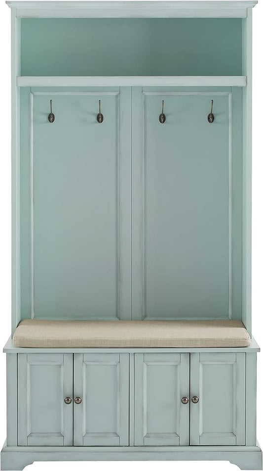 Holbrook Hall Tree with Shoe Rack Bench and Coat Hooks for Hanging Storage, Distressed Seafoam Blue