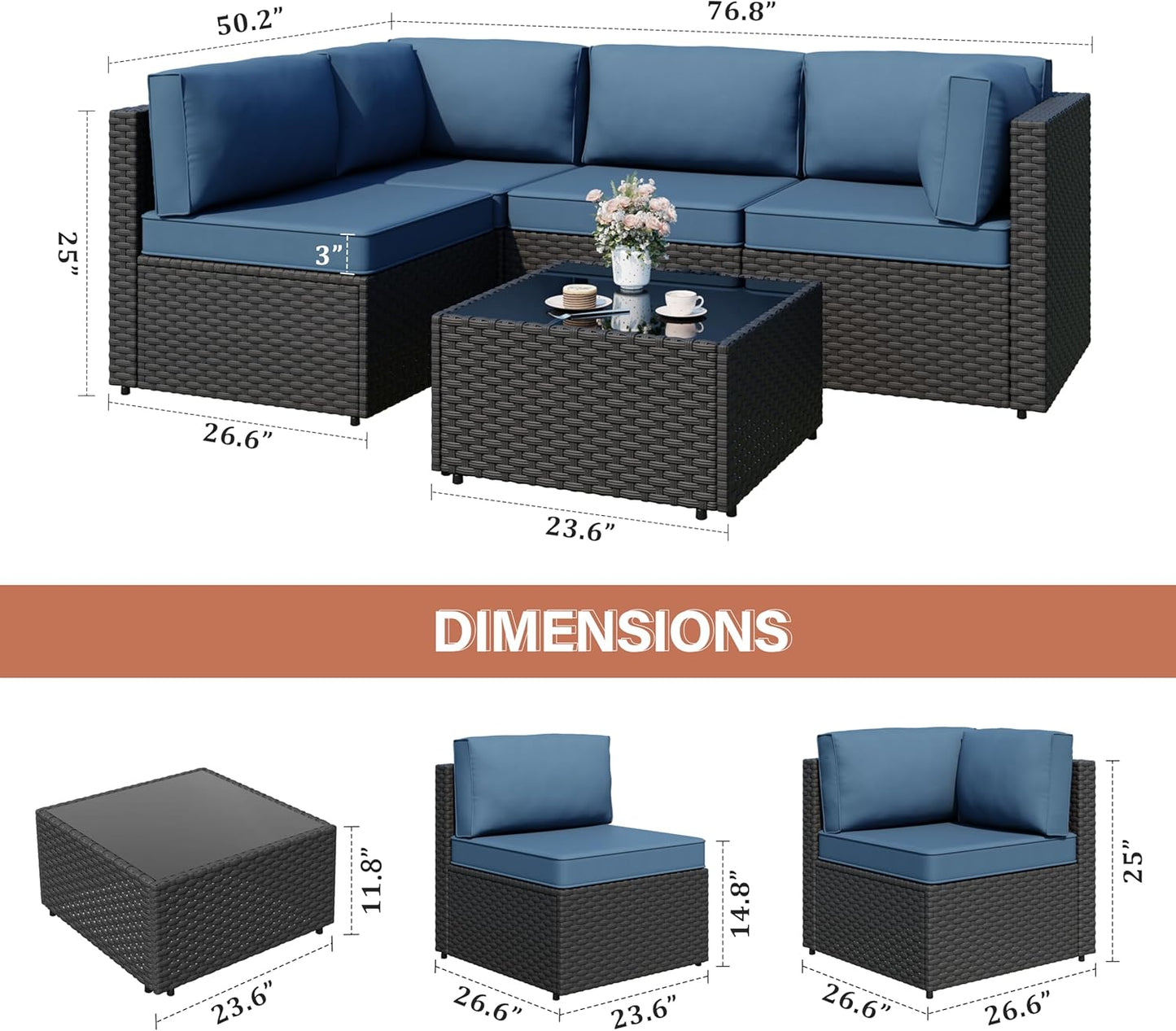 Patio Furniture Sets, 5-Piece Outdoor Patio Furniture with Thick Cushions, Wicker Outdoor Conversation Set Sectional Sofa for Backyard, Poolside, Garden, Aegean Blue