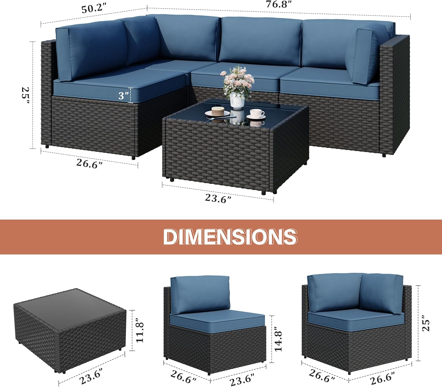 Patio Furniture Sets, 5-Piece Outdoor Patio Furniture with Thick Cushions, Wicker Outdoor Conversation Set Sectional Sofa for Backyard, Poolside, Garden, Aegean Blue