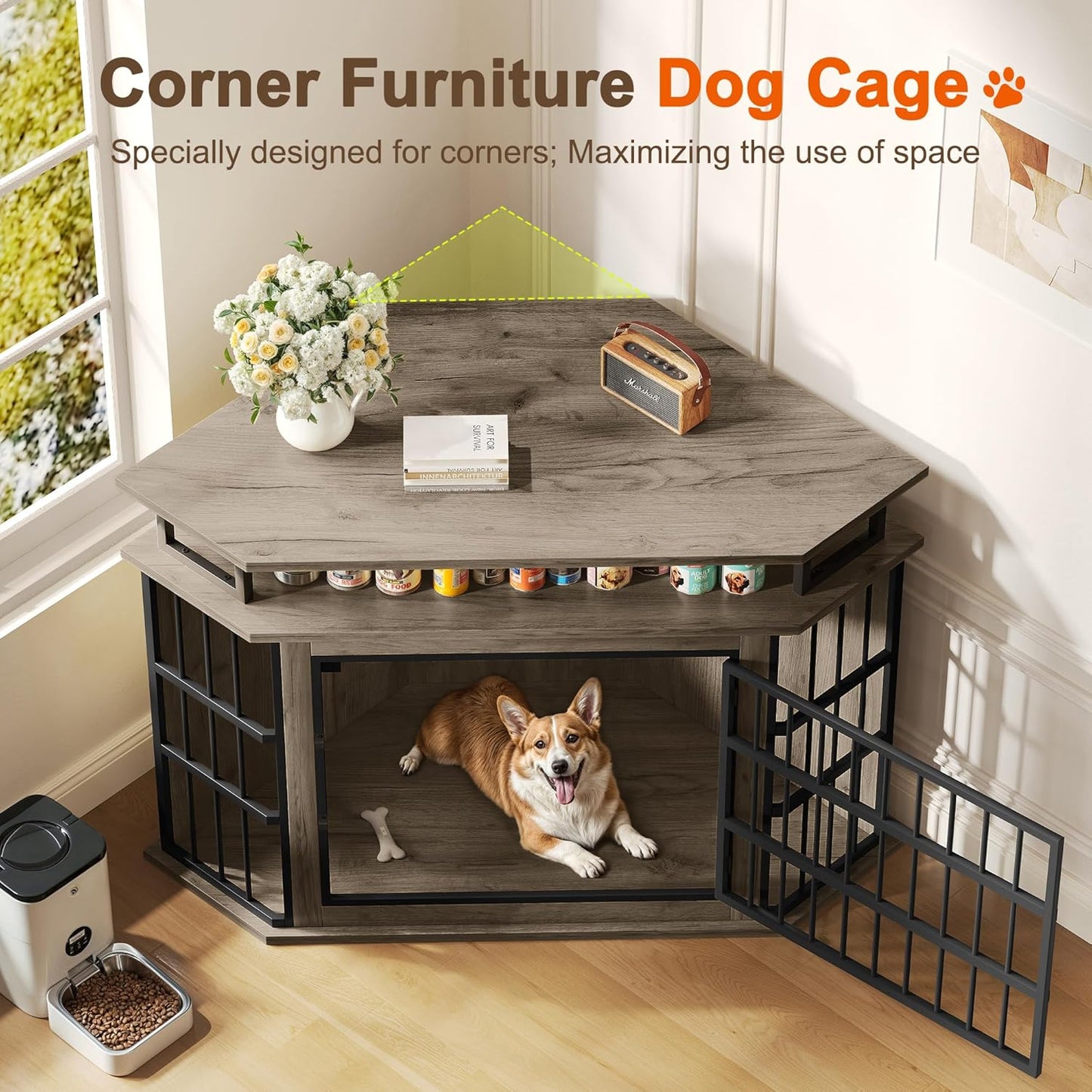Corner Dog Crate Furniture with 2-Tier Shelves，51" Large Dog Kennel Indoor Wooden TV Stand, Modern Dog Cage Decorative Pet House