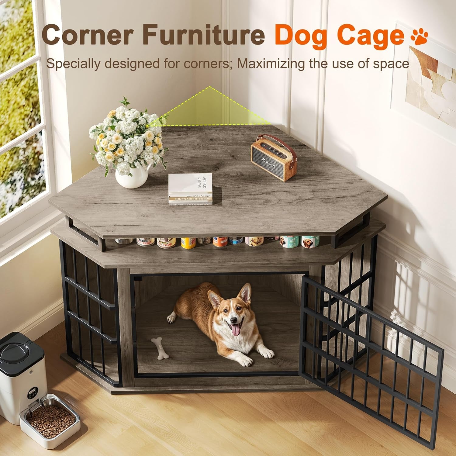 Corner Dog Crate Furniture with 2-Tier Shelves，51" Large Dog Kennel Indoor Wooden TV Stand, Modern Dog Cage Decorative Pet House