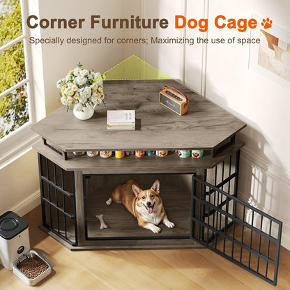 Corner Dog Crate Furniture with 2-Tier Shelves，51" Large Dog Kennel Indoor Wooden TV Stand, Modern Dog Cage Decorative Pet House