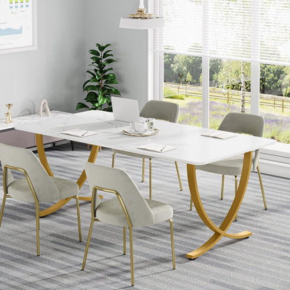 Executive Desk, 63” W X 31.5” D Large Office Desk, Modern Computer Desk Conference Table Meeting Room Table, Business Furniture for Home Office, White and Gold