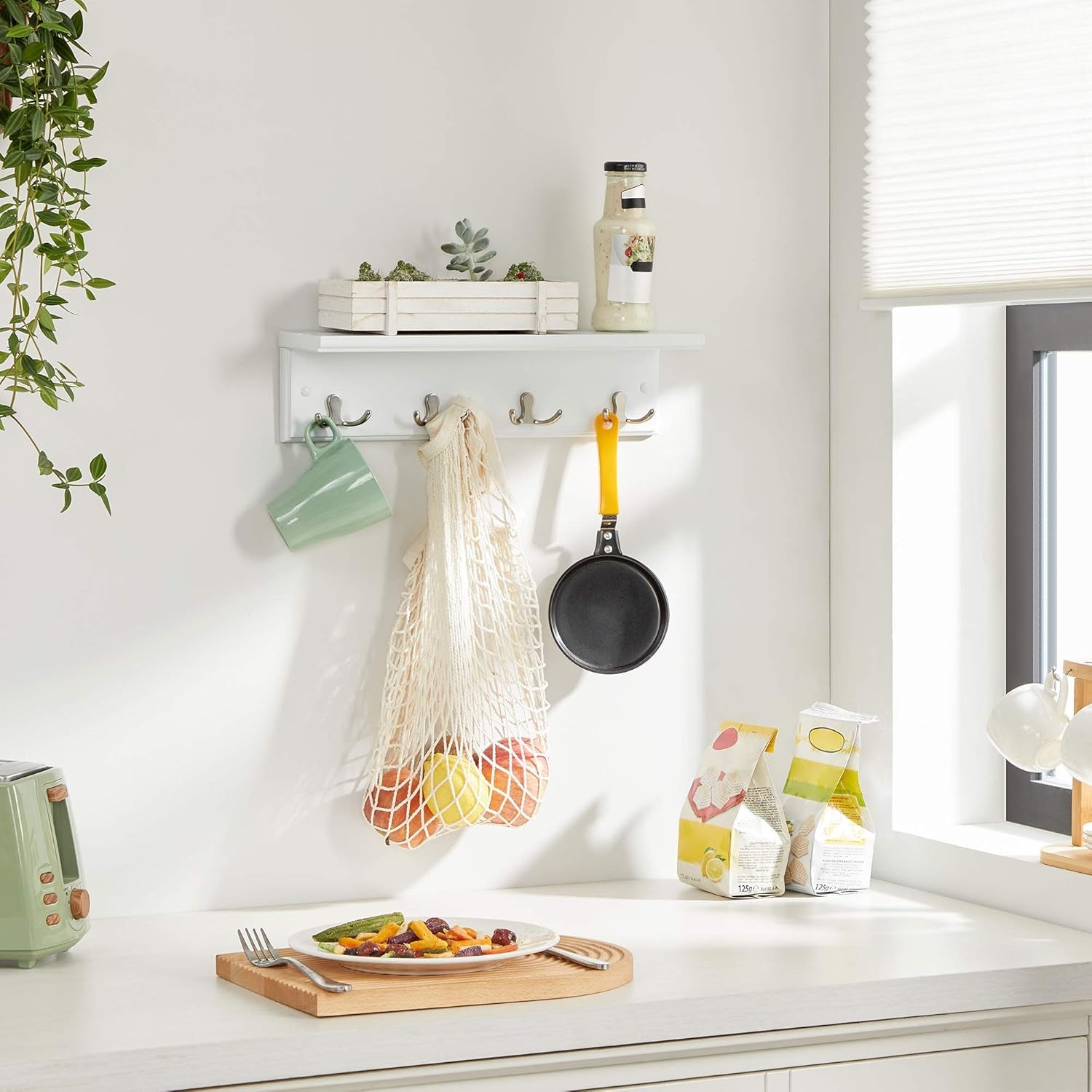 Entryway Hanging Coat Rack, Wall-Mounted Wooden Shelf, with 4 Double Hooks, Wall Floating Shelf, White ULHR42WT