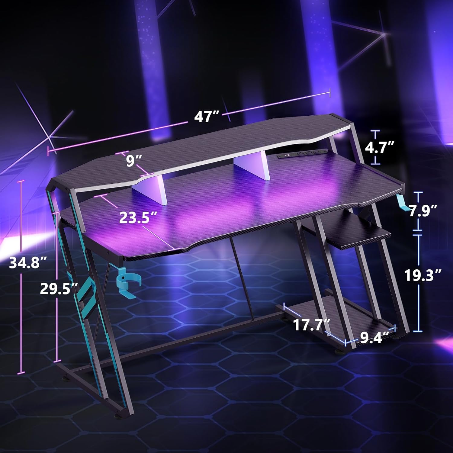 Gaming Desk with Power Outlet & LED Lights, Computer Desk 48 Inch with PC Storage Shelf, Gaming Table with Carbon Fiber Texture, Gamer Desk, Gift for Boys Men, Black