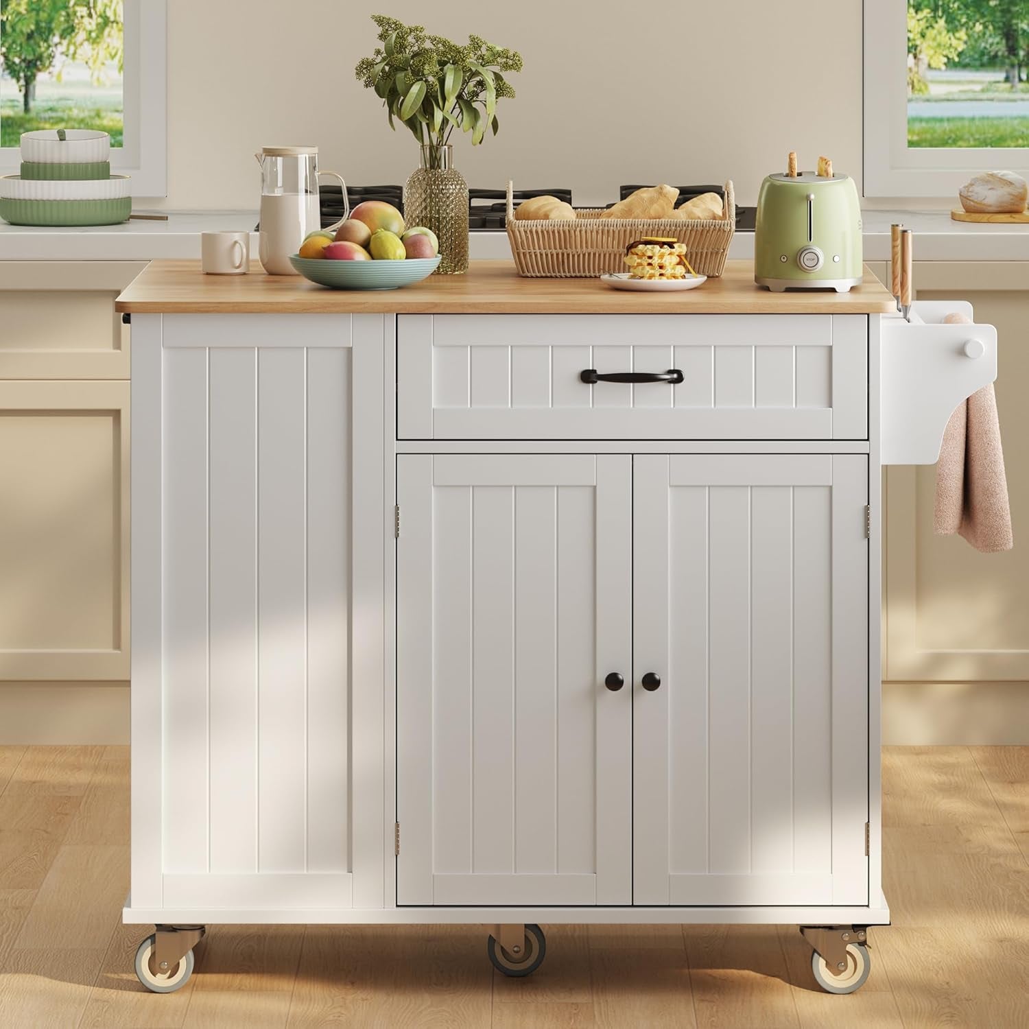 Kitchen Island with Storage, 44.49" Kitchen Island with Trash Can Storage, Drop Leaf Rubberwood Top, Knife Holder, Adjustable Shelf, Towel Bar, Drawer, Spice Rack, White