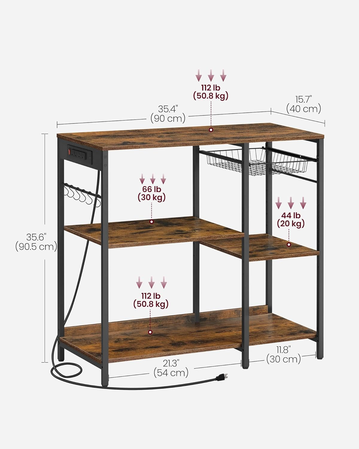 Baker'S Rack, Coffee Bar Stand with Charging Station, Storage Shelves, Pull-Out Wire Basket, Table for Microwave, Kitchen, Rustic Brown UKKS036K01, 15.7 X 35.4 X 35.6 Inches