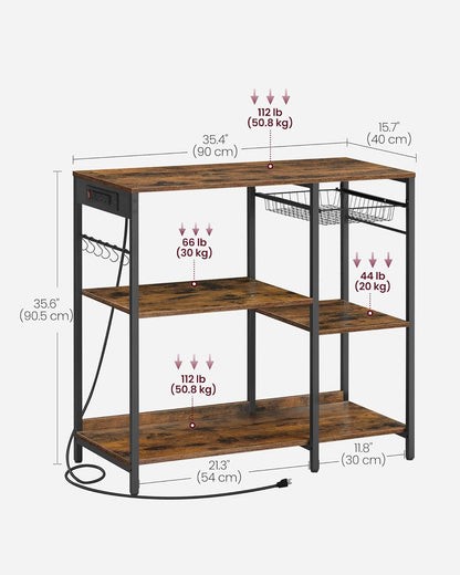 Baker'S Rack, Coffee Bar Stand with Charging Station, 35.6 Inches Tall, Storage Shelves, Pull-Out Wire Basket, Table for Microwave, Kitchen, Rustic Brown and Ink Black UKKS036K01