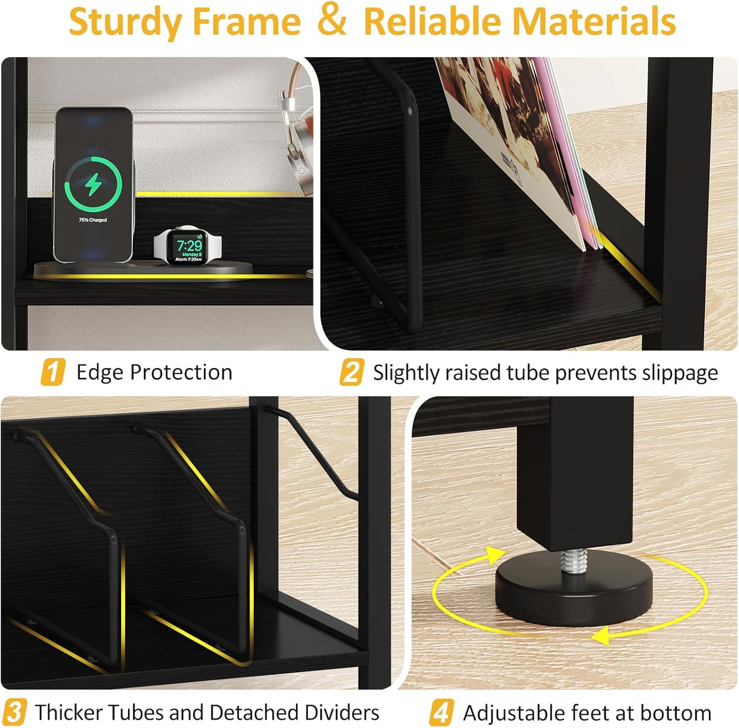 3 Tier Record Player Stand, Retro Vinyl Record Storage End Table Records for Living Room Bedroom (Black)