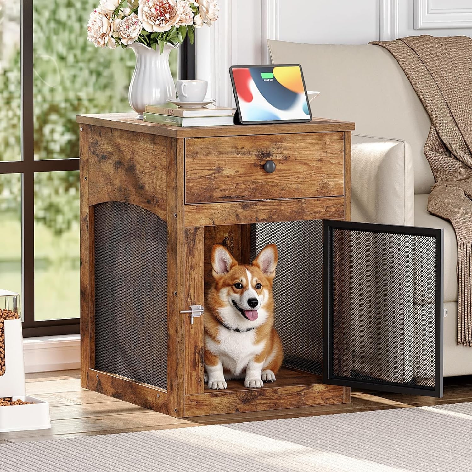 Dog Crate Furniture, Dog Kennel with Drawer and Charging Station, Indoor Decorative Puppy House, Wooden Pet Crate End Table for Small Dogs, Rustic Brown and Black BF58UGW03G1