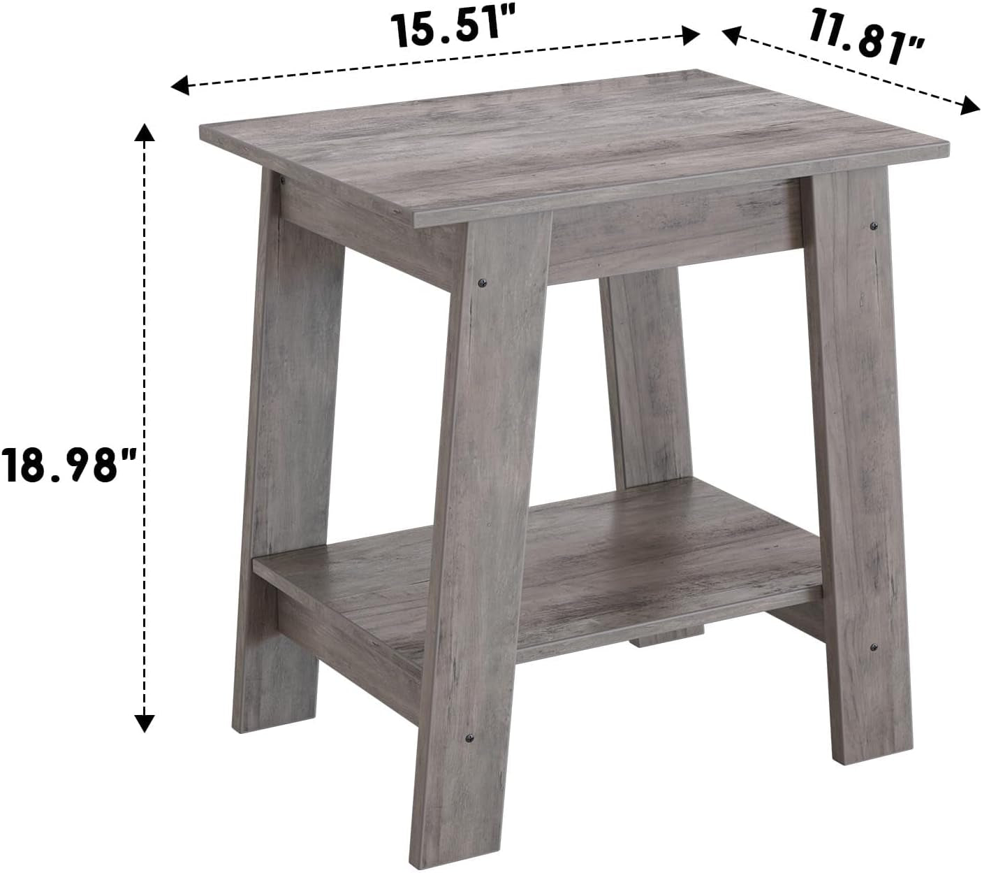 Farmhouse End Table with Storage Shelf - Rustic 2-Tier Side Table, Narrow Nightstand & Small Coffee Table for Living Room, Bedroom, Apartment (Grey)