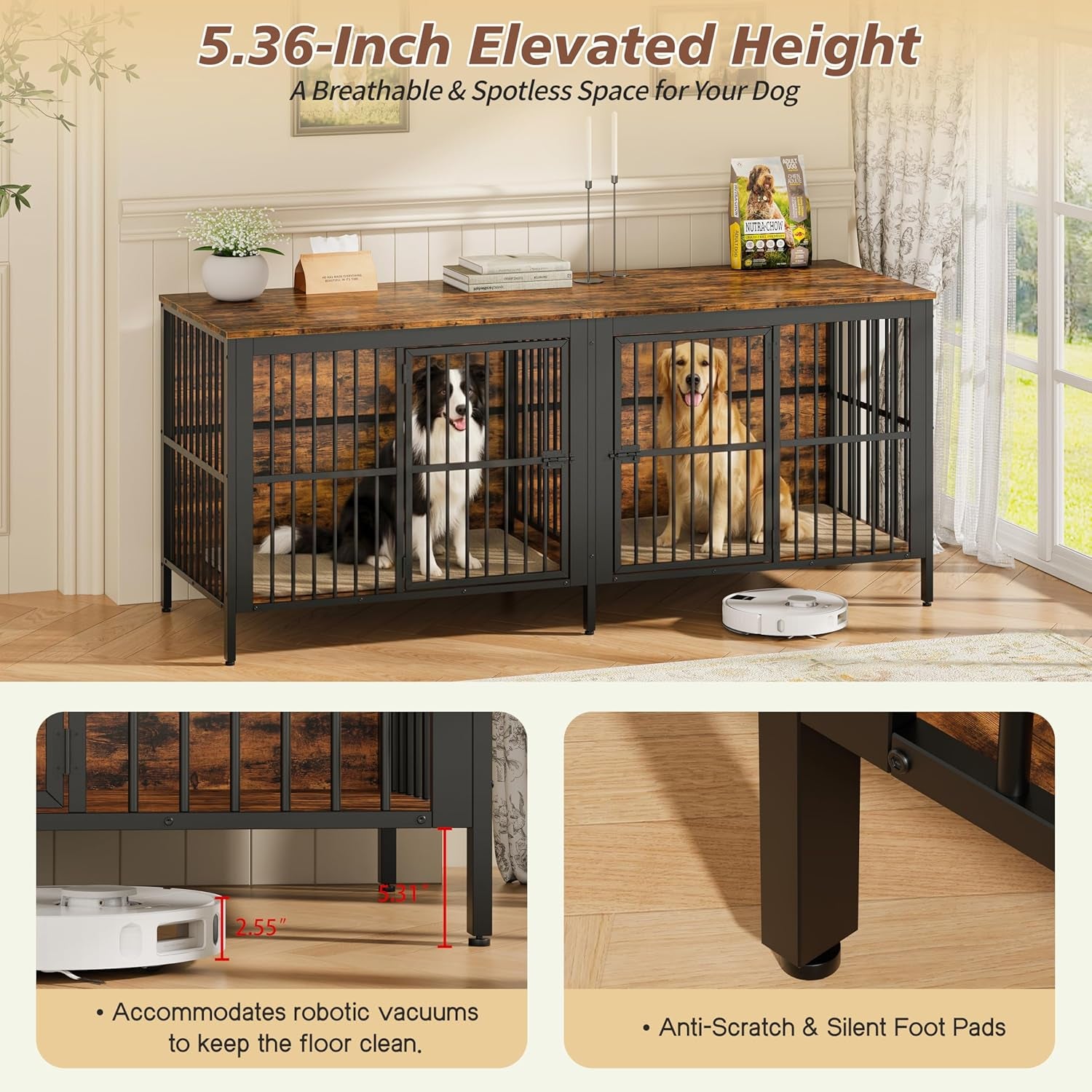80" Dog Crate End Table, Heavy Duty 2-Door Dog Crate Furniture with Double Compartments, Large Dog Kennel Indoor for Living Room, Multipurpose Dog House as TV Stand or Side Table, Rustic Brown
