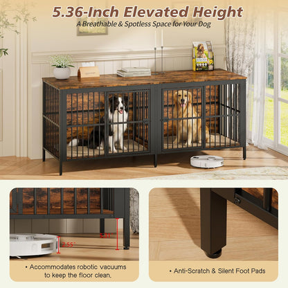 80" Dog Crate End Table, Heavy Duty 2-Door Dog Crate Furniture with Double Compartments, Large Dog Kennel Indoor for Living Room, Multipurpose Dog House as TV Stand or Side Table, Rustic Brown