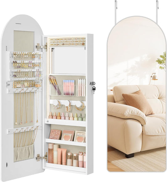 Wide Jewelry Organizer, LED Jewelry Cabinet Wall/Door Mounted, Arched Mirror with Storage, Lockable, Rounded Corner, Interior Mirror, 3.9 X 16.5 X 42.5 Inches, Cloud White UJJC020W01