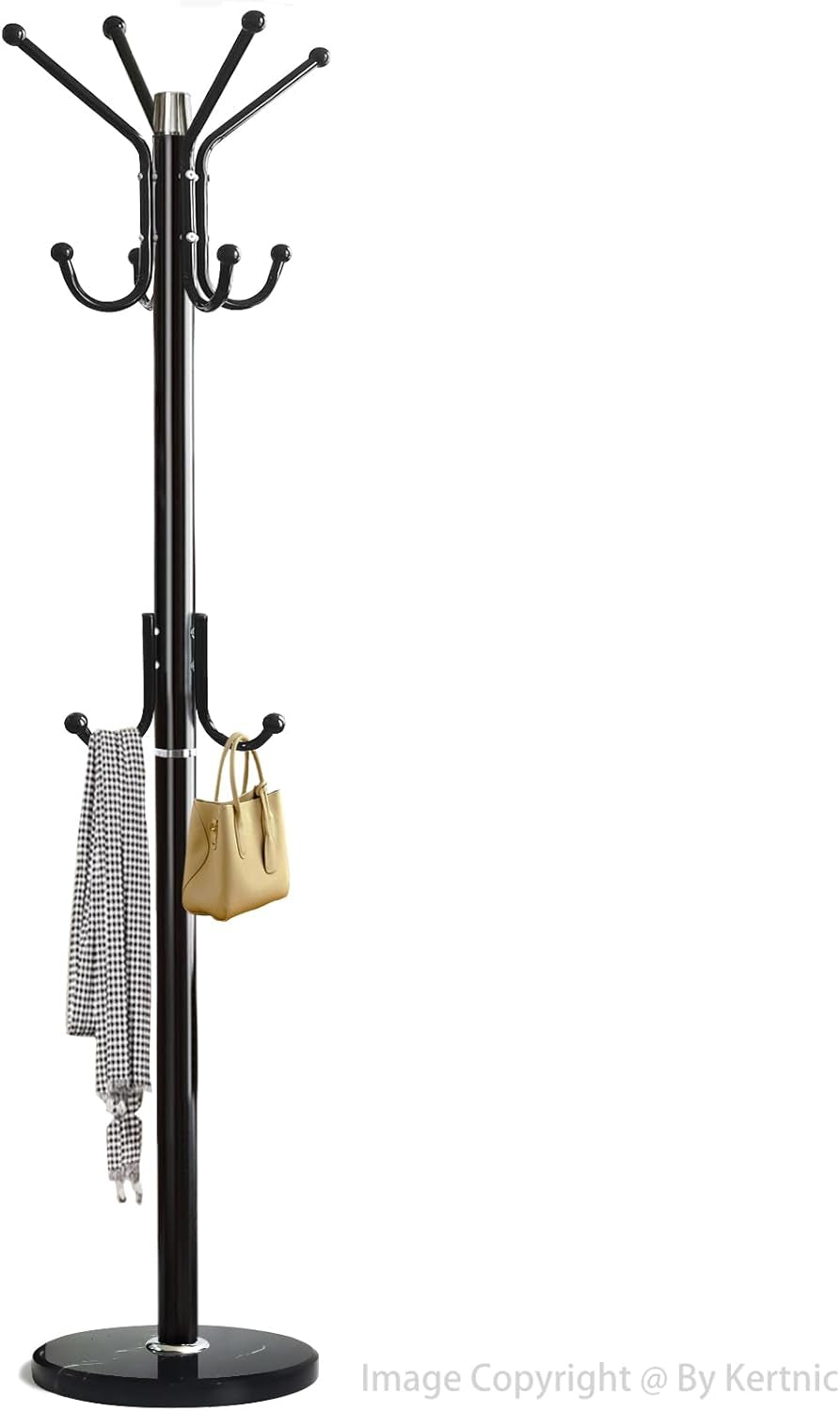 Modern Coat Rack Freestanding with Natural Marble Base & Sturdy Metal Frame, 11 Hooks Hall Tree for Jackets, Hats, Bags, Entryway Organizer for Bedroom, Living Room, Closet (Black)