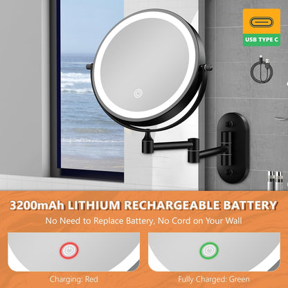 8'' Wall Mounted Lighted Makeup Mirror, 3200Mah Rechargeable Double-Sided 1X/20X Magnifying Mirror with Light, Touch Dimmable 3 Color Light, 360° Rotation Foldable Extended Arm, Black