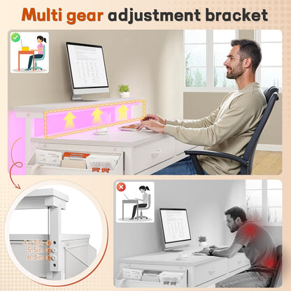 Computer Desk with 2 Drawers & LED Lights,31.5 Inch Home Office Desks with Side Pocket and Monitor Stand,Study Writing Table for Small Spaces,White