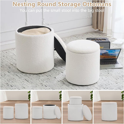 Round Set of 2 Ottoman with Storage, Boucle Storage Ottoman Foot Stool, Soft Teddy Upholstered Small Vanity Stool, Ottomans Coffee Table Padded Seat Foot Rest for Living Room Bedroom, White