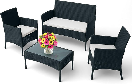 4-Piece Outdoor Patio Furniture Set - Patio Set with 2 Rattan Chairs, 1 Loveseat & 1 Glass -Top Coffee Table - Weather-Proof Wicker with Cushions - Conversation Set for Porch, Balcony, Lawn