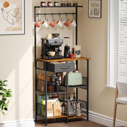 Coffee Bar Stand Station with Storage Drawer, Extended Worktop Coffee Table, Farmhouse Corner Bar Cabinet for Small Spaces, Barkers Rack & Home Bar for Entryway, Living Room