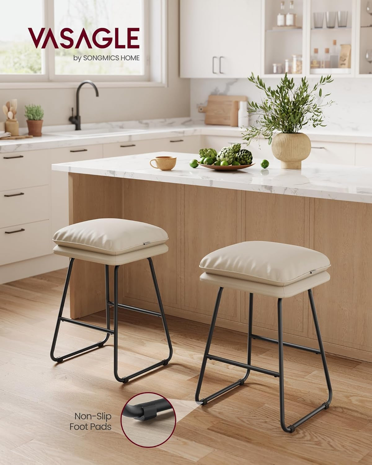 Bar Stools Set of 2, Counter Height Bar Stools, Leather Counter Stools Barstools with Soft Cushion and Metal Sled Legs, 25.6 Inches Bar Height Bar Chairs for Kitchen Island, Cappuccino Beige