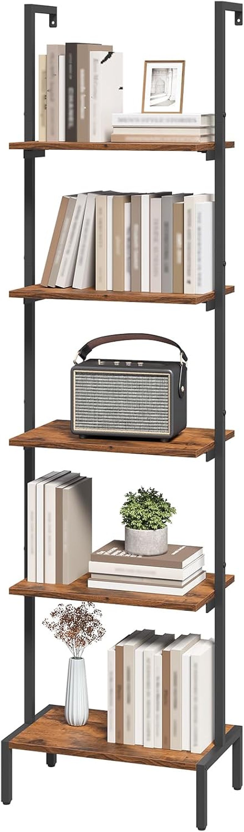 Ladder Shelf, 5-Tier Bookshelf, Ladder Bookcase with Wall Mount, Heavy Duty Industrial Style Storage Rack for Living Room, Office, Kitchen, Bedroom, Rustic Brown and Black LSHR5501