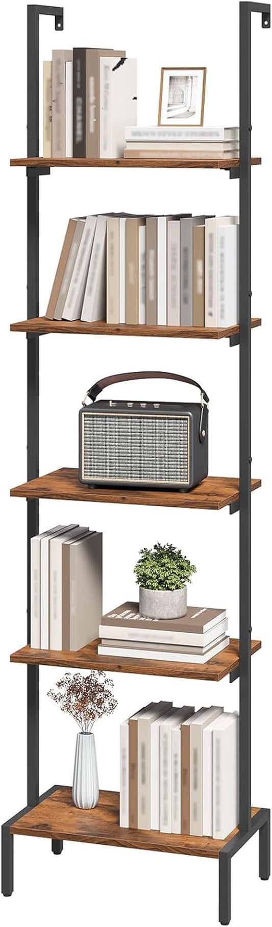 Ladder Shelf, 5-Tier Bookshelf, Ladder Bookcase with Wall Mount, Heavy Duty Industrial Style Storage Rack for Living Room, Office, Kitchen, Bedroom, Rustic Brown and Black LSHR5501