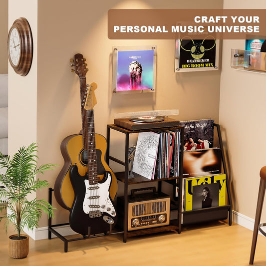 Record Player Stand with Guitar Rack, for Acoustic, Electric & Bass Guitars, 3 Tier Vinyl Record Storage up to 200 Albums, Record Shelf for Living Room and Bedroom