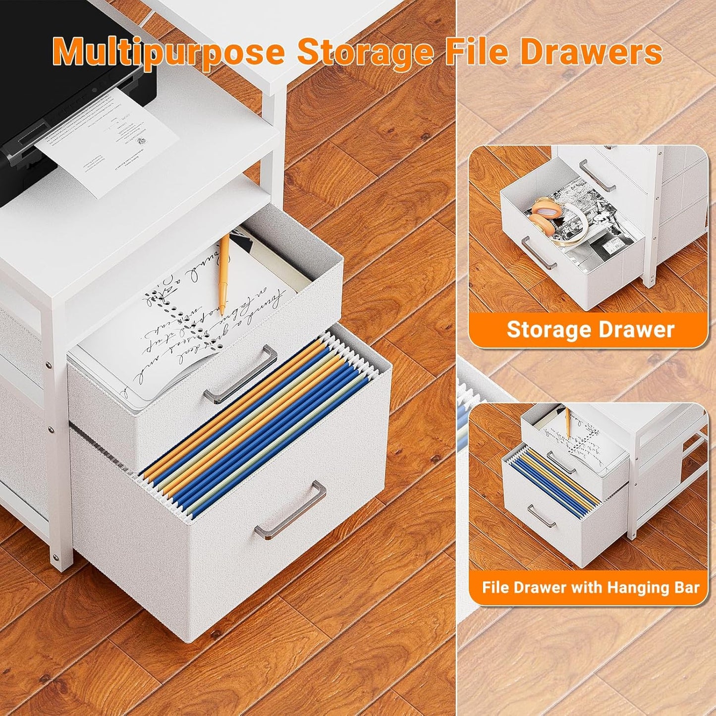 70.8" Reversible L Shaped Computer Desk with Fabric File Drawers, Corner Desks with RGB LED Light & Power Outlets & Monitor Stand, Large Gaming Desk for Home Office Workstation, White
