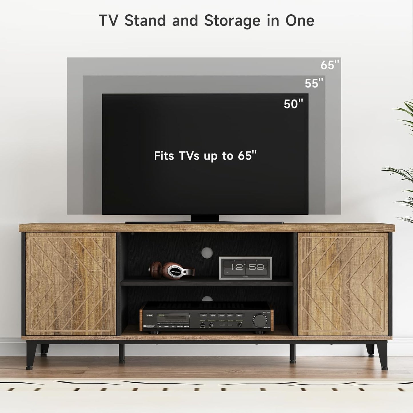 Mid Century Modern TV Stand for 65 Inch, Living Room TV Console, Entertainment Media Center with Storage and LED Lights