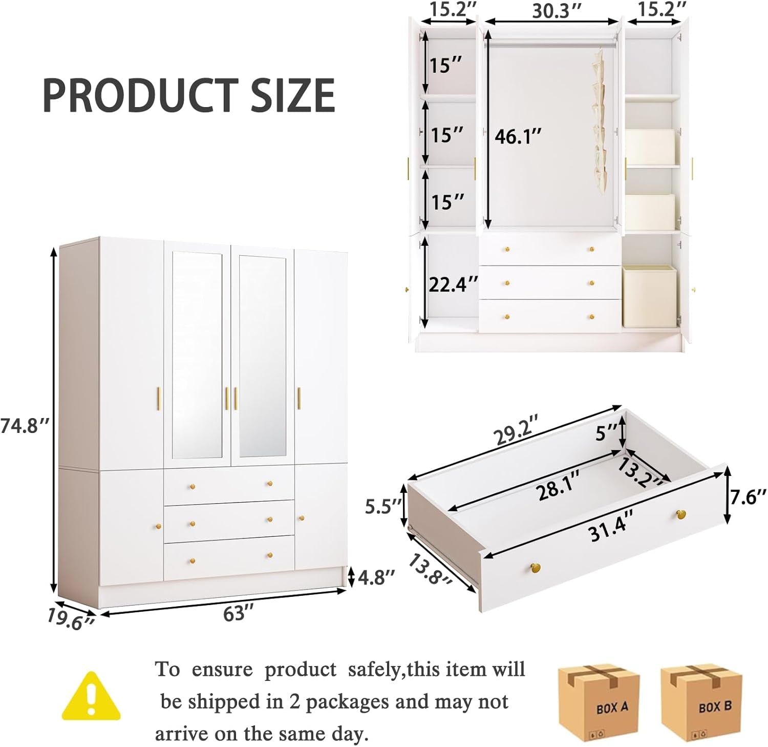 4 Doors LED Wardrobe Closet, 75" Tall Modern Armoire with Mirror & 3 Drawers, Wooden Armoire Wardrobe Closet for Bedroom, Hanging Rod, Freestanding Clothing Storage Cabinet, White
