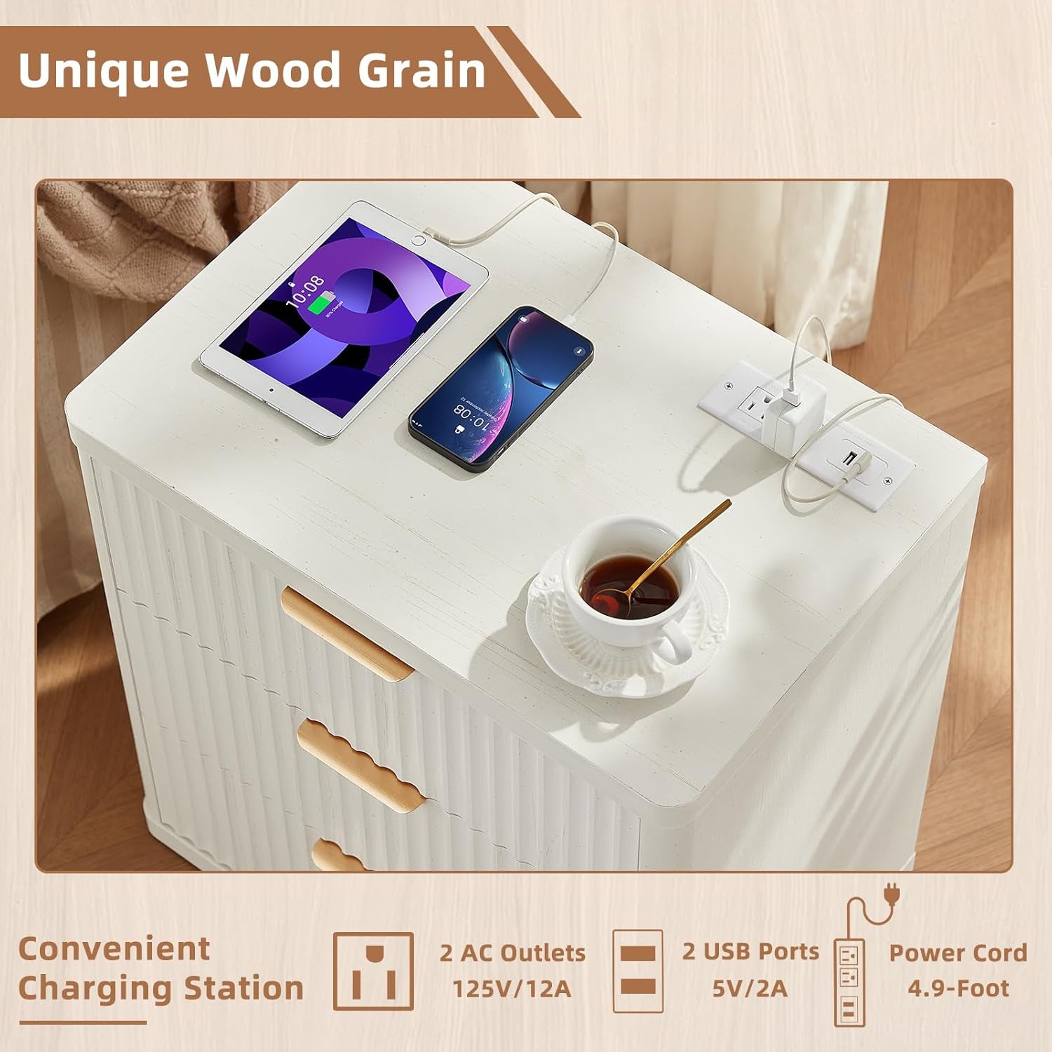 23" Wide Fluted Farmhouse Night Stand Set of 2 with Charging Station, 3 Drawers Large End Table W/Metal Handle,White Nightstand Bedside Table,Wood Dresser for Bedroom, Closet