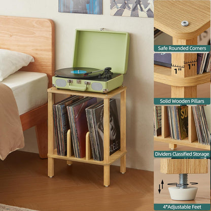 2-Tier Bamboo Record Player Stand with Vinyl Record Storage up to 100 Albums, Boho Bedroom Record Holder and Multi-Functional End Table for Living Room, Natural