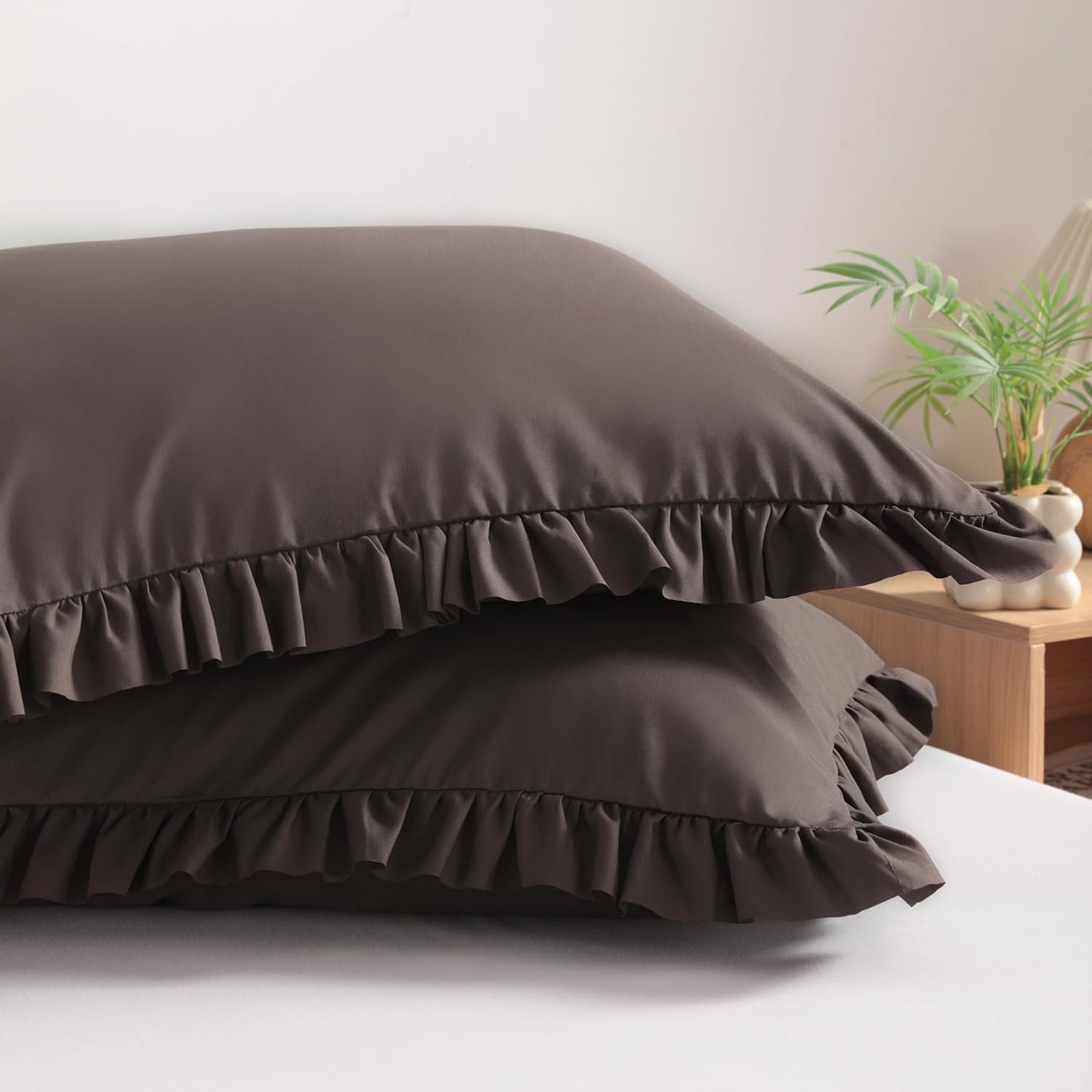 Ruffled Pillow Shams King 20X36 Set of 2, Brushed Microfiber Pillowcases with Envelope Closure, Soft Wrinkle-Resistant, Dark Brown