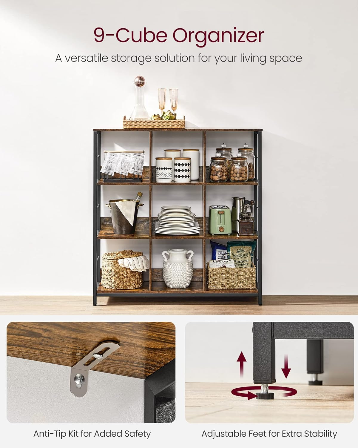 Bookshelf, Bookcase, 9 Cubes Storage Organizer, Industrial Open Display Shelf, for Bedroom, Office, Living Room, Metal Frame, Rustic Brown and Black ULLS112B01