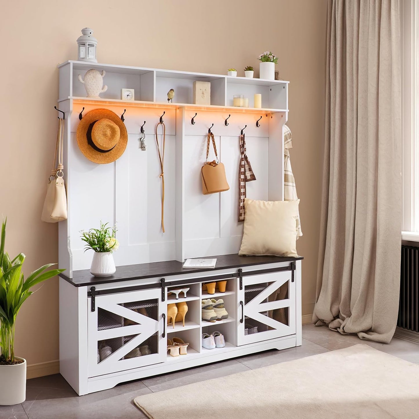 Hall Tree Entryway Bench, LED Coat Rack with Shoe Storage, 59" Wide Mudroom Bench with Storage and Seating, Adjustable Shelves and 12 Hanging Hooks, for Mudroom, Entryway, Hallway