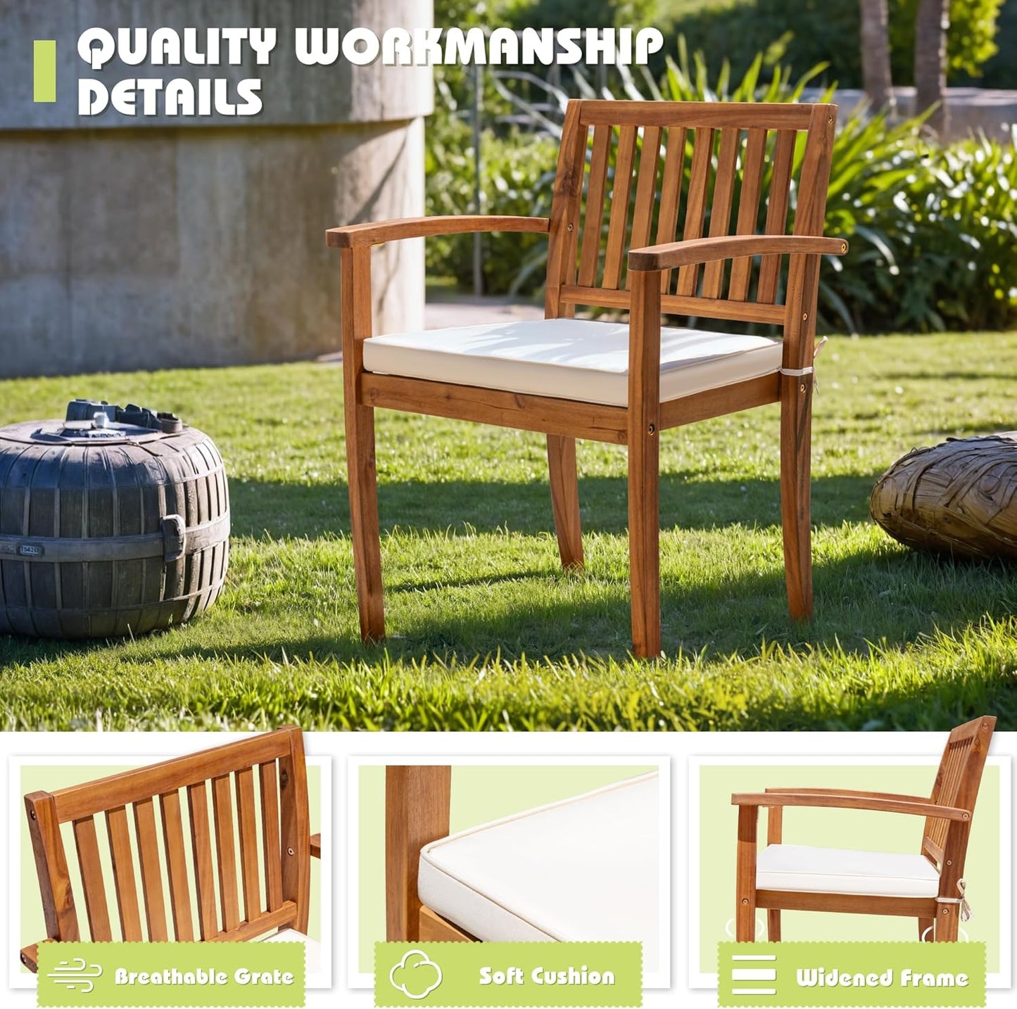 5 Piece Outdoor Dining Set Acacia Wood Patio Table and Chairs with Soft Cushions Patio Furniture for Deck, Backyard, Garden