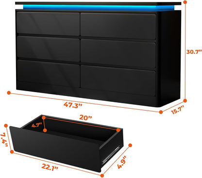 6 Drawer Black Dresser for Bedroom, 47.2" Long Chest of Drawers with Charging Station & LED Lights, Double Wooden Storage Cabinet for Closet,Modern Dresser TV Stand with Deep Drawers
