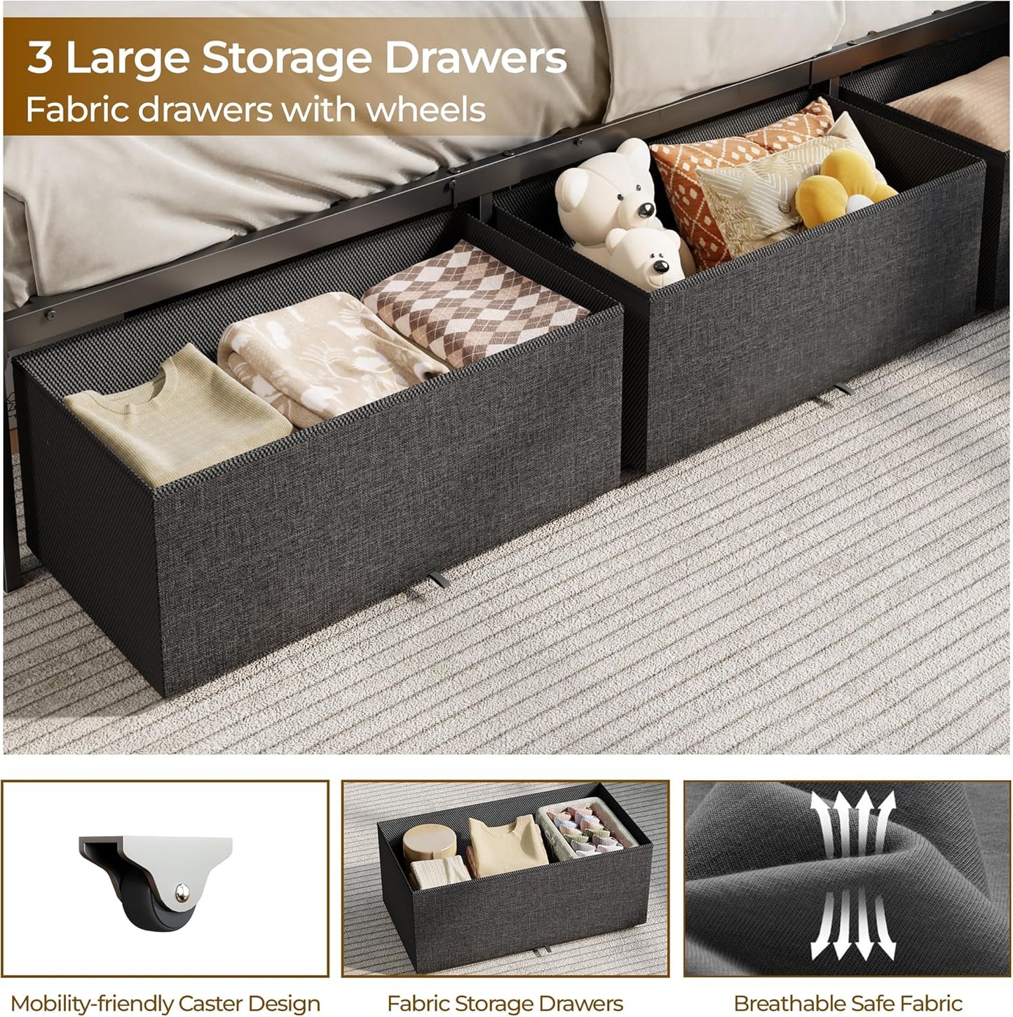 Full Size Bed Frame with Headboard and Storage Drawers, Full Metal Platform Corner Bed Frame with Charging Station and LED Lights, Heavy Duty Strong Support Slats and Easy to Assemble, Black