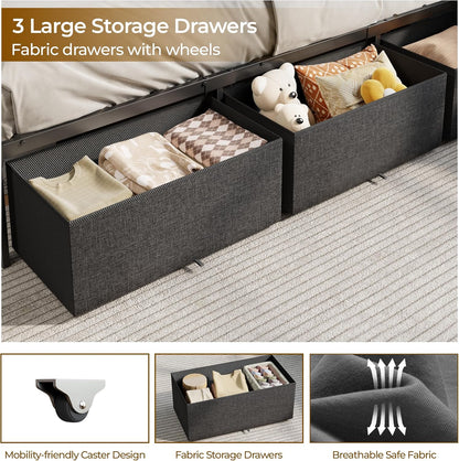 Full Size Bed Frame with Headboard and Storage Drawers, Full Metal Platform Corner Bed Frame with Charging Station and LED Lights, Heavy Duty Strong Support Slats and Easy to Assemble, Black