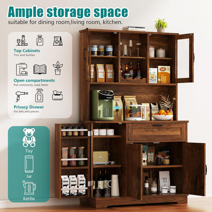 Tall Kitchen Pantry Storage Cabinet, Modern Pantry Cabinet with Hutch and Microwave Stand, Modern Kitchen Coffee Bar Hutch with Shelves for Dining Room, Brown