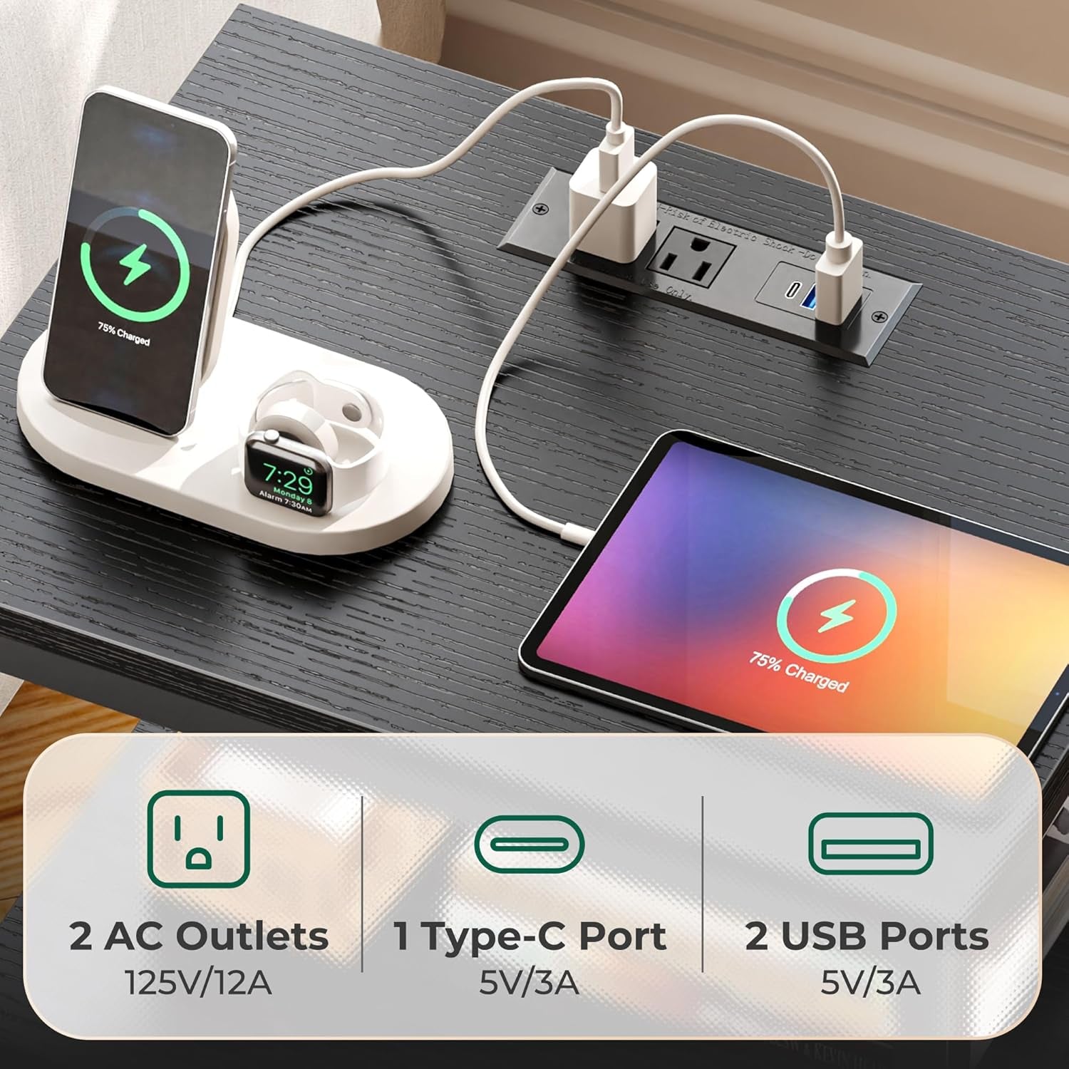 Night Stand with Charger Station and LED Lights, 2 Drawer Nightstand, Bed Side Table with Open Shelf, End Table, Fabric Dresser for Bedroom, Black