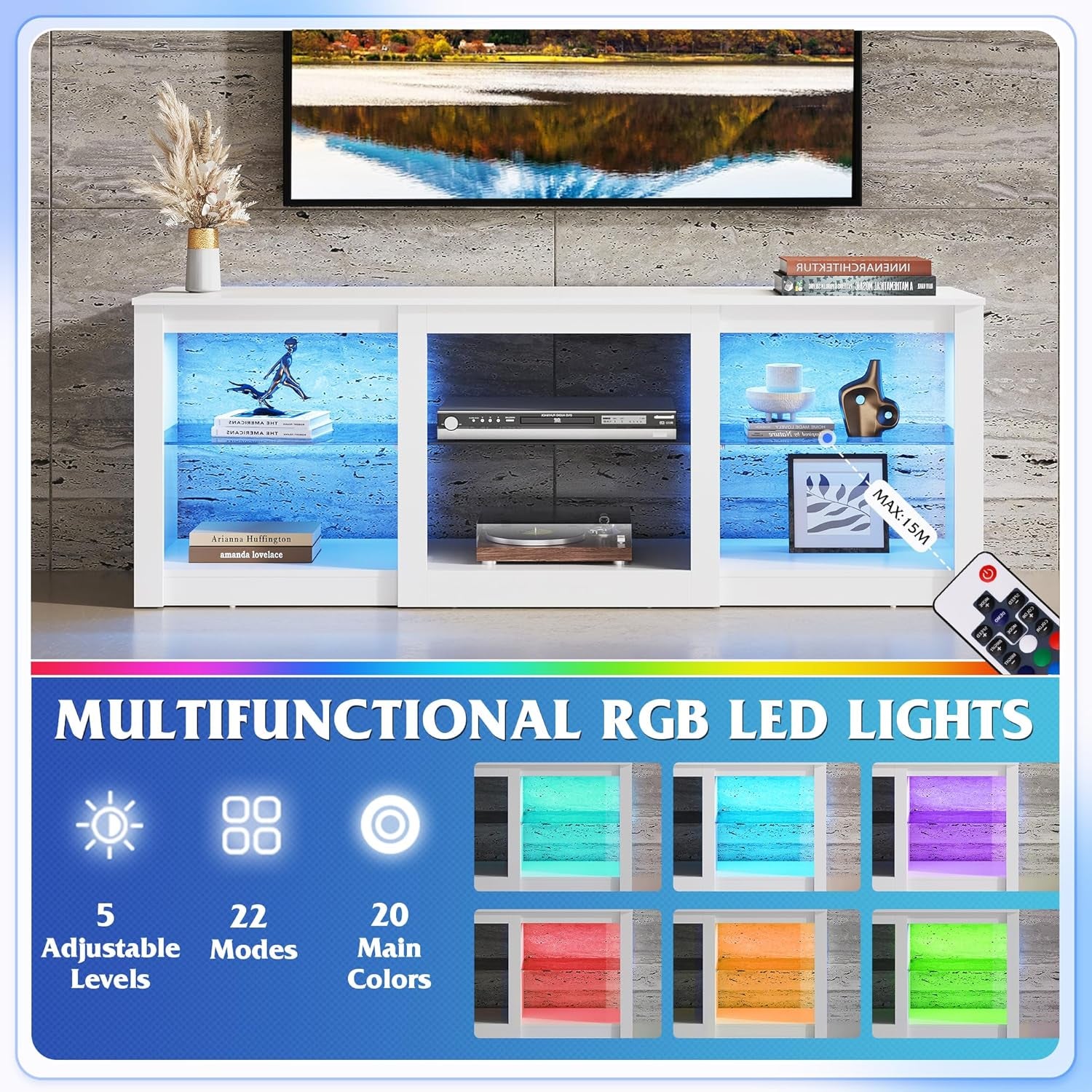 LED TV Stand for 65-Inch TV, 58-Inch Entertainment Center with Adjustable Glass Shelves, Modern Media Console for Living Room & Bedroom, White