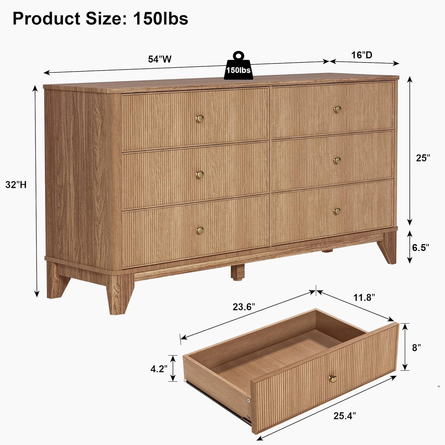 Fluted 6 Drawers Dresser, 54" Wide Modern Chest of Drawers with round Corners, Wooden Dresser TV Stand, Wood Drawer Organizer for Bedroom, Living Room, Hallway