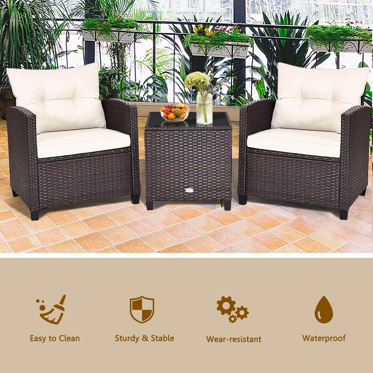 3 Piece Patio Furniture Set, Outdoor Conversation Set with Washable Cushions & Tempered Glass Tabletop, PE Rattan Wicker Bistro Set for Porch, Garden, Balcony (White)