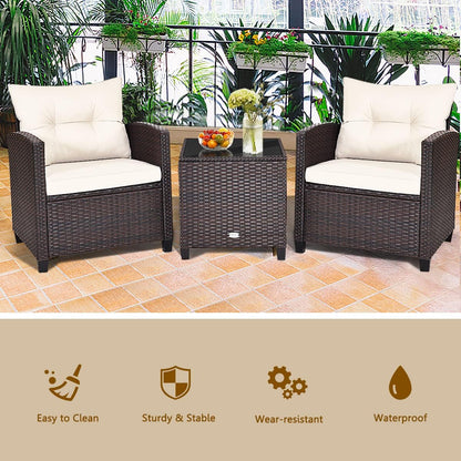 3 Piece Patio Furniture Set, Outdoor Conversation Set with Washable Cushions & Tempered Glass Tabletop, PE Rattan Wicker Bistro Set for Porch, Garden, Balcony (White)
